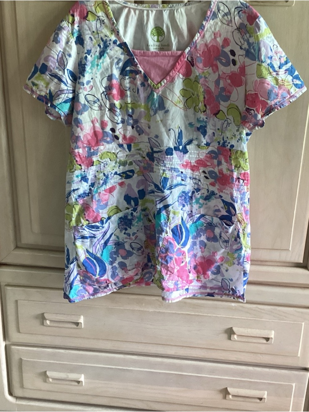 healing hands Pink, Blue & Green Floral V-Neck Scrub Top